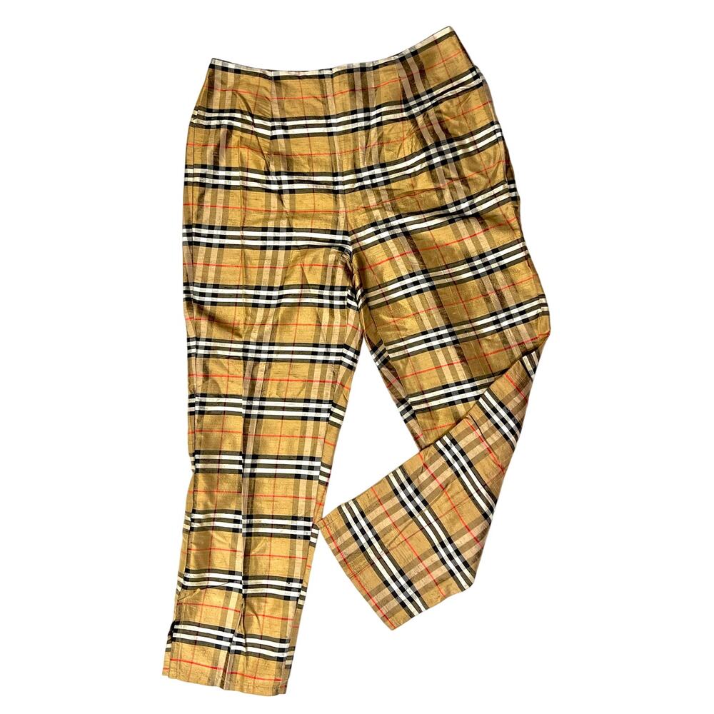 Vintage Karen Warren Raw Silk Gold Plaid Check Pants – Size 6
Made in USA